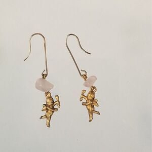 Vintage Cupid  With Arrow Earrings Tiny Dangling Cherub With Pink Stone